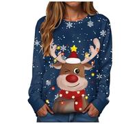 Pull Moche de Noel Femme Pull Noel Rigolo Imprimé Renne Femme Hiver Sweatshirts Noël Oversize Sweat Drole Femmes Pulls Noël Moche Grande Taille Xmas Christmas Sweatshirt (Dark Blue-B, XL)