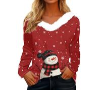 Pull Moche Noël, Paillettes Col V Drole Blouse Fille Renne Noël Rigolo Christmas Chic Ugly Tunique Chemise Sweat Noel Enfant Ado Rouge Lumineux Pul Plus Chemise de Noel Femme, XL