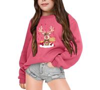 Pull Noel Enfant Manches Longues, Sweat-Shirt De Noël pour Enfant Imprimé Renne Col Rond Pull De Noel Hiver Chaude Pulls De Noël pour Enfants Sweat De Christmas Classique Décontracté Fille 4-10 Ans