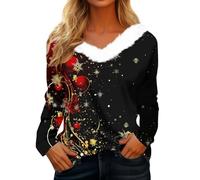 Pull Noel Femme Col V Christmas Noir de Fete Glamour de Neige Chemisier Chic Et Élégant Manche Longue Soiree Tunique de Noel Renne de Nuit Chemise de Noël Pull de Noël Femme Noir S