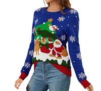 Pull Noel Femme Grande Taille Col Rond Pulls Tricoté Manches Longues Chandail Haut Imprimé Pere Noël Vintage Pullover Tops Pas Cher Pull De Noël Rigolo Elegant Motif Sweatshirt Oversize Sweater