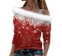 Pull Noel Femme Grande Taille Sexy Épaules Obliques Tee Shirt Manche Longue Pull De Noel Femme Lumineux Christmas Sweatshirt Sexy Strapless Chic Elegant Mode Décontractée Blouse