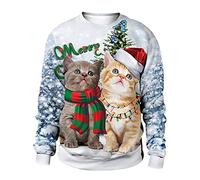 Pull Noël Femme Homme Chat Sweat Ugly Renne Moche Drole Pullover Sweat-Shirt Père Christmas Cerf Fantaisie Personnalisé Rigolo Hiver Drôle XL