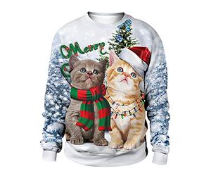 Pull Noël Femme Homme Chat Sweat Ugly Renne Moche Drole Pullover Sweat-Shirt Père Christmas Cerf Fantaisie Personnalisé Rigolo Hiver Drôle XL