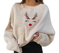 Pull Noël Femme Manches Longues Col Rond Pull Christmas Mode Sweat Amusantes Imprimé d'élan Sweatshirt Grande Taille Pullover Manches Longues