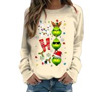 Pull Noël Grinch Costume Femme Manches Longues Col Rond Rigolo Noel Pull Christmas Pull Noël Femme Drole Sweatshirt De Noël Femme Femme Sweat Pull De Noël Femme Grande Taille (01 Beige, S)