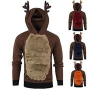 Pull Noel Homme Rudolf Renne Pull De Noël pour Hommes, Sweat De Noël en Molleton Drôle À Capuche Patchwork Nouveauté Xmas Elf Pull Pull Tops Chaud