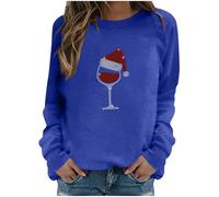 Pull Noel,Pull Capuche Homme,Shirts de pour Filles, Shirt Graphique surdimensionné, Tops à Verres à vin Rouge, Tops avec comme Loups (Blue, XL)