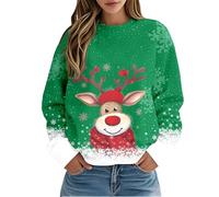 Pull Noel Rigolo Femme Imprimé Verre à Vin Hiver Sweatshirt Manches Longues Col Rond Coton Sweat sans Capuche Motif Noel Pullover Haut Loose Casual Tunique Top Déguisement Pere Noel (Green, XL)