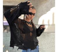 Pull noir à encolure dégagée à mailles ajourées, sans soutien-gorge, Top à manches longues L,M,S,XL,XS,XXLUnicoloreTricots
