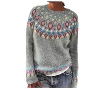 Pull Norvégien Femme en Laine Grande Taille Sweatshirts Sweat sans Capuche Chic Et Elegant Pullover Jacquard Pull Islandais Hiver Chaud Col Rond Cachemire Polaire Torsade Irlandais