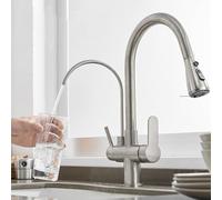 Pull Out Kitchen Faucet 3 Way Brass Swivel Hot and Cold Water Single Hole 2 Handles Kitchen Sink Faucet 3 Way-Brushed