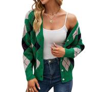 Pull ouvert sur le devant, coupe décontractée, col en V, pull boutonné à manches longues pour femme, motif écossais pour l'automne, vert, Taille M