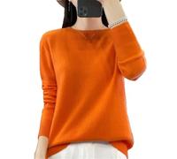 Pull-over en laine mérinos 100% pour femmes, tricot uni, haut de base à manches longues et col rond, Orange, XL