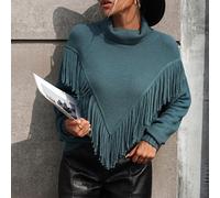 Pull-over en maille pour femmes à col haut, avec franges et glands, coupe ample, bleu, taille S