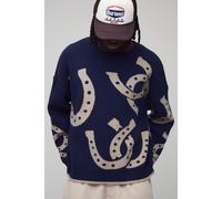 Pull oversize à motif jacquard de fer à cheval homme - bleu - XS, bleu