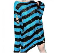 Pull Oversize Ample Femme Long Rayé Pull Femme Gothique Punk Sweater Femme Grande Taille Pas Cher Pullover Évider Trou Haut Femme Manche Longue Automne Tunique Chic et Elegant (Taille unique, Bleu)