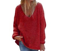 Pull Oversize Femme Chaud Sweat Polaire Femme Féminine Col en V Lâche Pull Couleur Unie Manches Longues Hauts pour Les Fetes Automne Red M