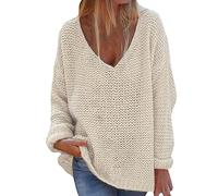 Pull Oversize Femme Chaud Sweat Polaire Femme Féminine Col en V Lâche Pull Couleur Unie Manches Longues Hauts pour Les Fetes Automne Beige M