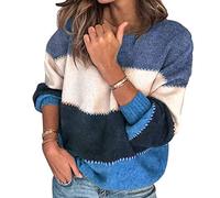 Pull Oversize Femme Grande Taille Tricoté Large Grosse Maille Pullover Chandail Manche Longue Hiver Ample Chaud Épais Rayé Casual Bleu L