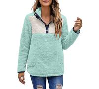 Pull Oversize Femme Sport - Pull À Capuche Coat Polaire Hauts Avec Poches Sweat Avec Bouton Sweatshirt Chaude Chemise À Col Rabattu Sweat-Shirt Décontracté Hauts Molleton Sweat Épais Pullover