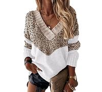 Pull Oversize Rayé Femme Col V Leopard Sweater Femme Pulls Grosse Maille Pullover Chandail Femme Gros Pull Tunique Tricot Ample Large Femme Hiver Pull-Over Torsade Tricoté Grande Taille Abricot S