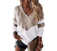 Pull Oversize Rayé Femme Col V Leopard Sweater Femme Pulls Grosse Maille Pullover Chandail Femme Gros Pull Tunique Tricot Ample Large Femme Hiver Pull-Over Torsade Tricoté Grande Taille Abricot L