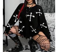 Pull oversize style gothique avec motif croix déchiré et blocs de couleurs, épaules tombantes. Convient pour Halloween, automne/hiver 0XL,1XL,2XL,3XL,4XLHalloweenLaine peignée