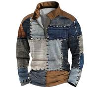 Pull patchwork rétro pour homme - Pull vintage à manches longues - Fermeture éclair 1/4 - Pull d'automne à col montant - Pull coloré coloré - Haut hippie décontracté, noir foncé, L