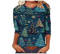 Pull Pere Noel Femme,T-Shirt à col Rond imprimé numérique, Manches Trois-Quarts, Motif Noël