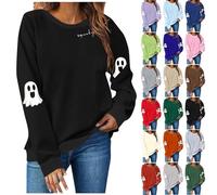 Pull plissé pour femme - Pull d'Halloween décontracté - Coupe ample - Fantôme d'Halloween pour femme - Pull amusant et mignon sans capuche - Léger et confortable - Imprimé graphique - Col rond - Gris