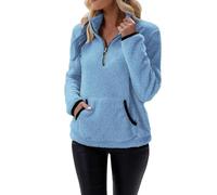 Pull Polaire Femme Hiver Chaud 1/4 Zippée Sweat Sans Capuche Col Camionneur Sweat-Shirts avec Poche Couleur Unie Veste Pilou Pilou Blouson en Peluche Grande Taille Automne Manches Longues Pullover