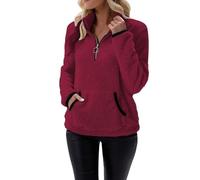 Pull Polaire Femme Hiver Chaud 1/4 Zippée Sweat Sans Capuche Col Camionneur Sweat-Shirts avec Poche Couleur Unie Veste Pilou Pilou Blouson en Peluche Grande Taille Automne Manches Longues Pullover