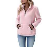 Pull Polaire Femme Hiver Chaud 1/4 Zippée Sweat Sans Capuche Col Camionneur Sweat-Shirts avec Poche Couleur Unie Veste Pilou Pilou Blouson en Peluche Grande Taille Automne Manches Longues Pullover