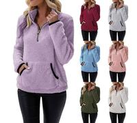 Pull Polaire Femme Hiver Chaud 1/4 Zippée Sweat Sans Capuche Col Camionneur Sweat-Shirts avec Poche Couleur Unie Veste Pilou Pilou Blouson en Peluche Grande Taille Automne Manches Longues Pullover