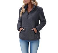 Pull Polaire Femme Hiver Chaud 1/4 Zippée Sweat Sans Capuche Col Camionneur Sweat-Shirts avec Poche Couleur Unie Veste Pilou Pilou Blouson en Peluche Grande Taille Automne Manches Longues Pullover