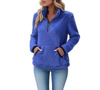 Pull Polaire Femme Hiver Chaud 1/4 Zippée Sweat Sans Capuche Col Camionneur Sweat-Shirts avec Poche Couleur Unie Veste Pilou Pilou Blouson en Peluche Grande Taille Automne Manches Longues Pullover