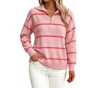 Pull polo pour femme avec demi-fermeture éclair à manches longues | Haut à col polo pour femme - Pull en tricot léger - Décontracté - Demi-fermeture éclair - Rayé - Pull d'hiver