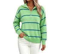 Pull polo pour femme avec demi-fermeture éclair à manches longues | Haut à col polo pour femme - Pull en tricot léger - Décontracté - Demi-fermeture éclair - Rayé - Pull d'hiver
