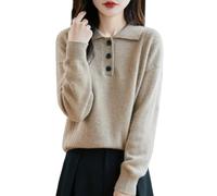 Pull pour femme 100 % laine mérinos Col en V Pull à trois boutons Solide Pull d'hiver épais décontracté, camel, Taille M