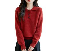 Pull pour femme 100 % laine mérinos Col en V Pull à trois boutons Solide Pull d'hiver épais décontracté, Rouge, Taille M