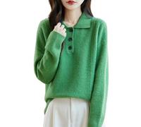 Pull pour femme 100 % laine mérinos Col en V Pull à trois boutons Solide Pull d'hiver épais décontracté, vert, Taille S