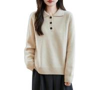 Pull pour femme 100 % laine mérinos Col en V Pull à trois boutons Solide Pull d'hiver épais décontracté, beige, Taille M