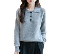 Pull pour femme 100 % laine mérinos Col en V Pull à trois boutons Solide Pull d'hiver épais décontracté, gris, Taille M