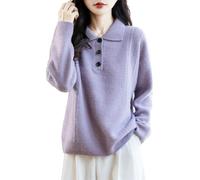 Pull pour femme 100 % laine mérinos Col en V Pull à trois boutons Solide Pull d'hiver épais décontracté, violet, Taille S