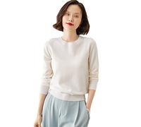 Pull pour femme à col rond en cachemire uni avec bas fin et manches longues, blanc, UK7 / 41EU / US8