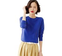 Pull pour femme à col rond en cachemire uni avec bas fin et manches longues, bleu, S