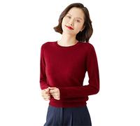 Pull pour femme à col rond en cachemire uni avec bas fin et manches longues, bordeaux, L