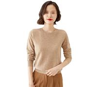 Pull pour femme à col rond en cachemire uni avec bas fin et manches longues, kaki clair 9, S