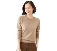Pull pour femme à col rond en cachemire uni avec bas fin et manches longues, kaki foncé 9, L